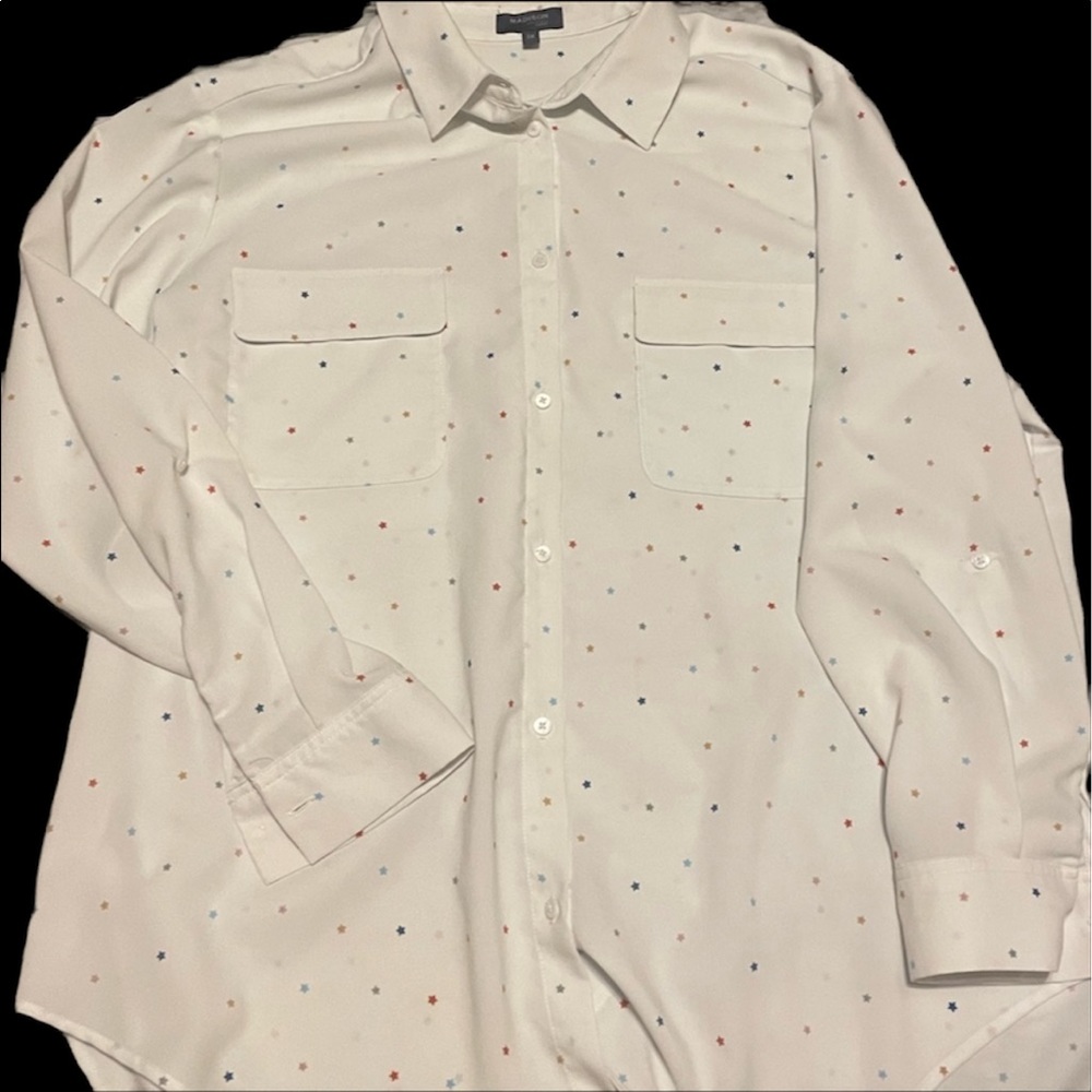 Women’s Madison Curvy Button Down Star Print White Blouse, 2X
